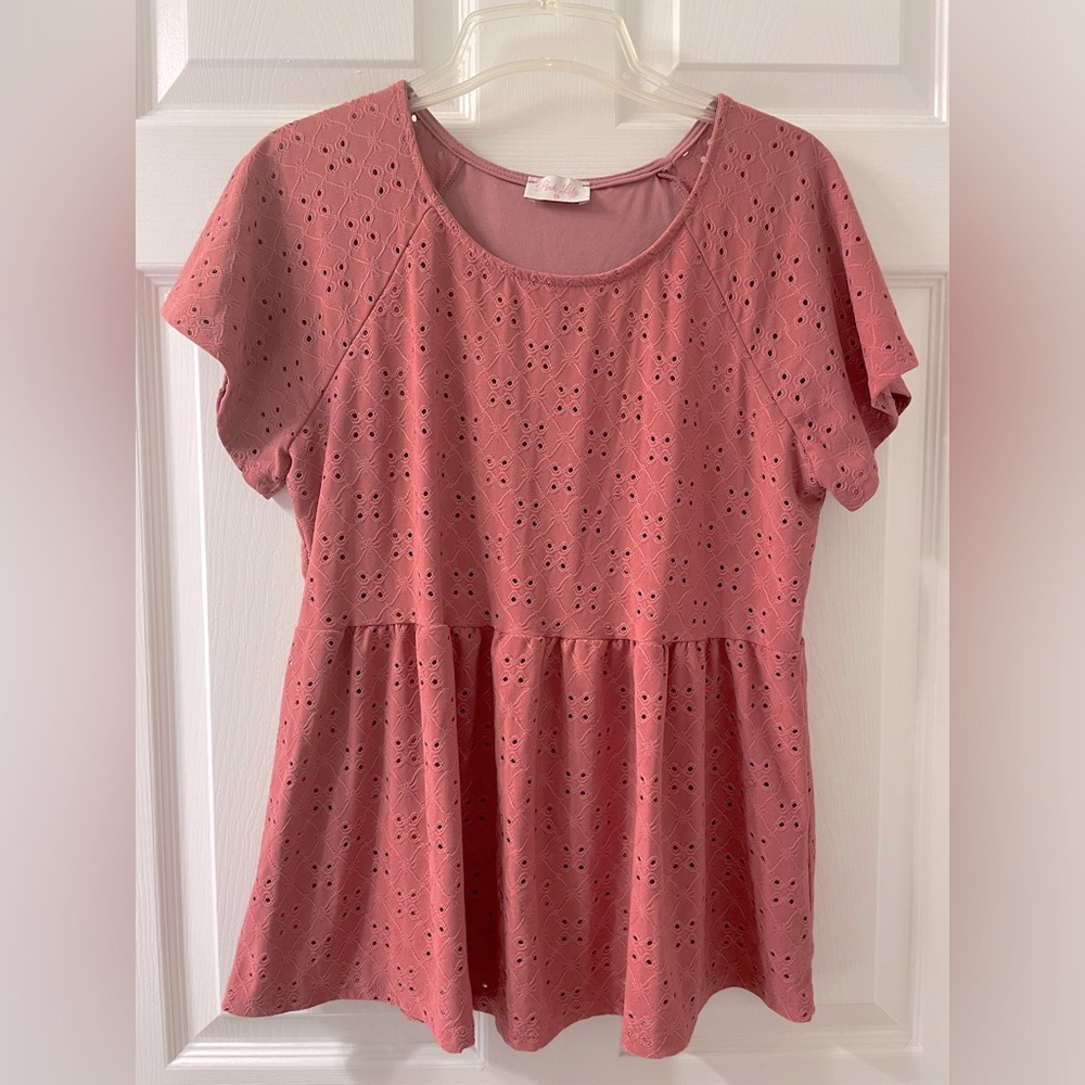 M Pink Lily Eyelet Peplum Top